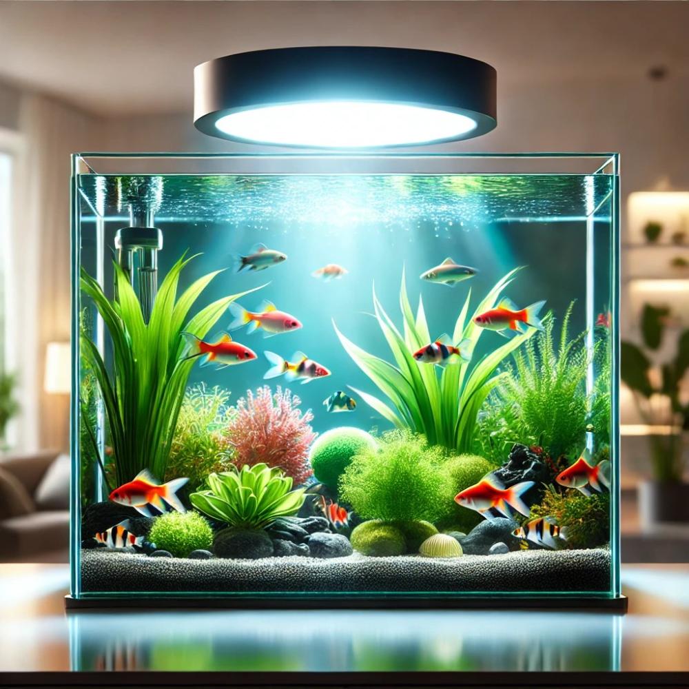 Ein modernes Aquarium mit kristallklarem Wasser, bunten Fischen und lebhaften Wasserpflanzen, das die Reinheit von Osmosewasser symbolisiert.