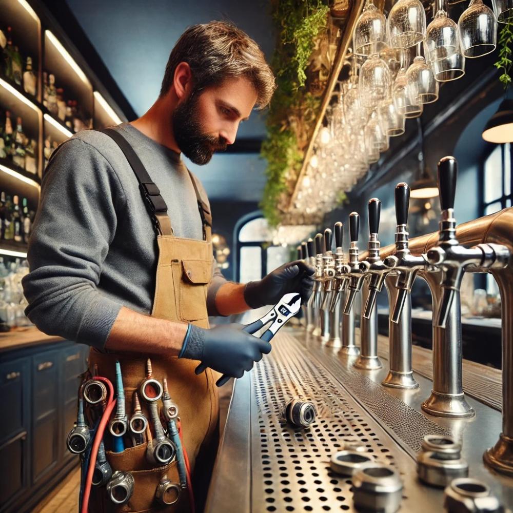 Ein Techniker in Arbeitskleidung und Gummihandschuhen führt eine Wartung an einer Edelstahl-Schankanlage in einer stilvollen Bar durch. Im Hintergrund ist eine gepflegte Bar mit dezenter Beleuchtung sichtbar.