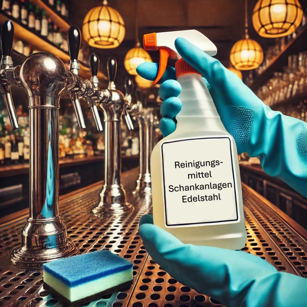 Eine Person verwendet eine Flasche mit der Aufschrift „Reinigungsmittel für Schankanlagen“, um eine Edelstahl-Schankanlage in einer stilvollen, gut beleuchteten Bar zu reinigen. Die Person trägt Gummihandschuhe.