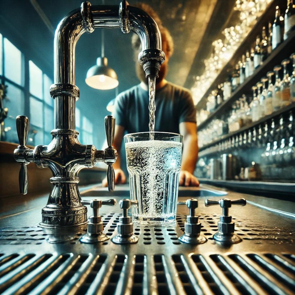 Eine Schankanlage in einer Bar wird nach längerer Standzeit inspiziert. Eine Person hinter der Bar prüft die Leitungen und lässt Wasser durchlaufen. Im Vordergrund steht ein Glas mit klarer Flüssigkeit, der Bar-Hintergrund ist stimmungsvoll beleuchtet.