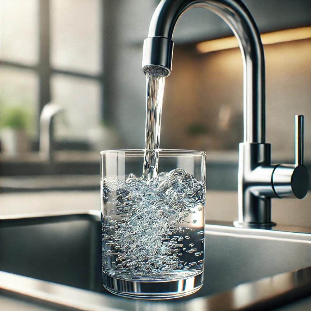 Ein klares Wasserglas wird aus einem modernen Wasserhahn in der Küche befüllt.