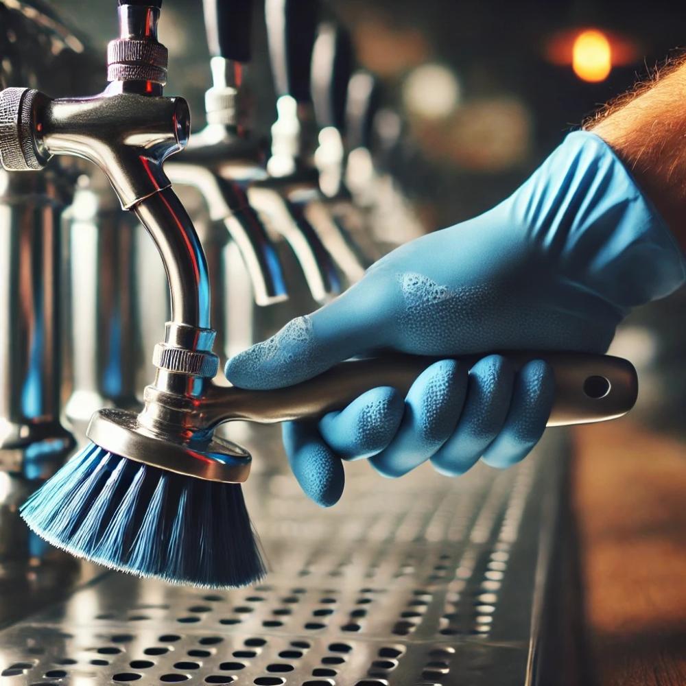 Eine Hand mit einem blauen Gummihandschuh reinigt einen Zapfhahn einer Schankanlage mit einer Bürste. Der Zapfhahn ist aus Edelstahl, der Hintergrund zeigt eine unscharfe Bar.