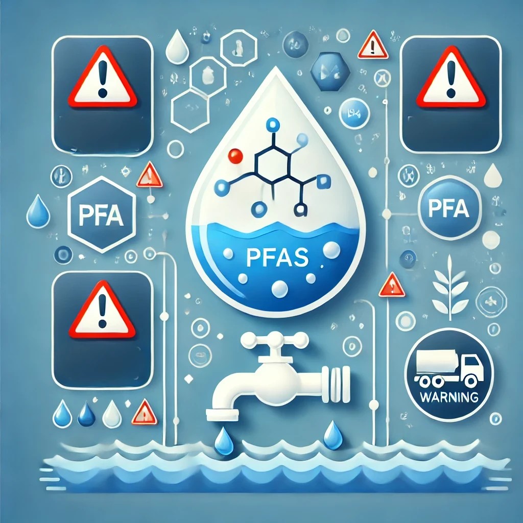 Modernes Design zeigt eine Wasseraufbereitung mit Fokus auf PFAS-Entfernung: Eine Wasserdroplet mit chemischen Strukturen für PFAS, ein sauberer Wasserhahn und verschmutztes Wasser nebeneinander, um die Wirkung der Wasseraufbereitung zu symbolisieren.